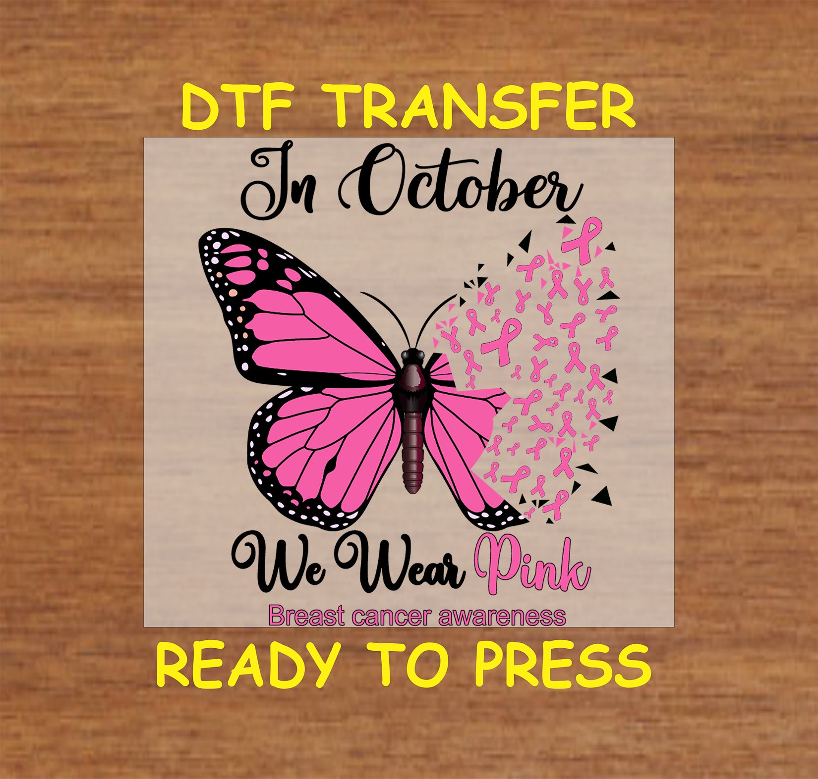 "Pink butterfly Breast Cancer Awareness DTF transfer with cascading pink ribbons for October awareness."