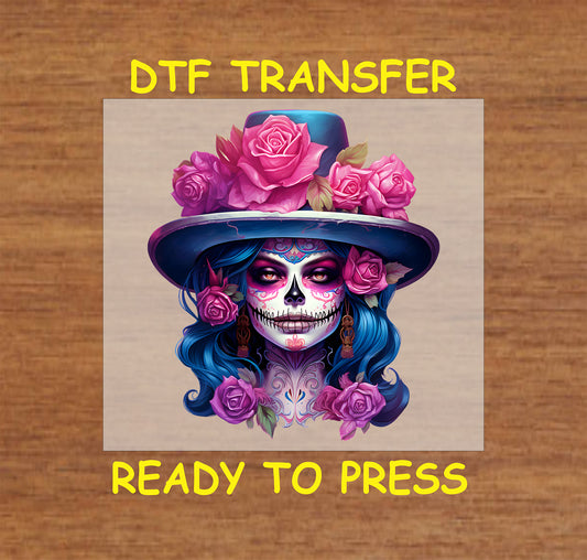 "La Catrina Day of the Dead DTF transfer with vibrant roses, sugar skull details, and intricate cultural designs."
