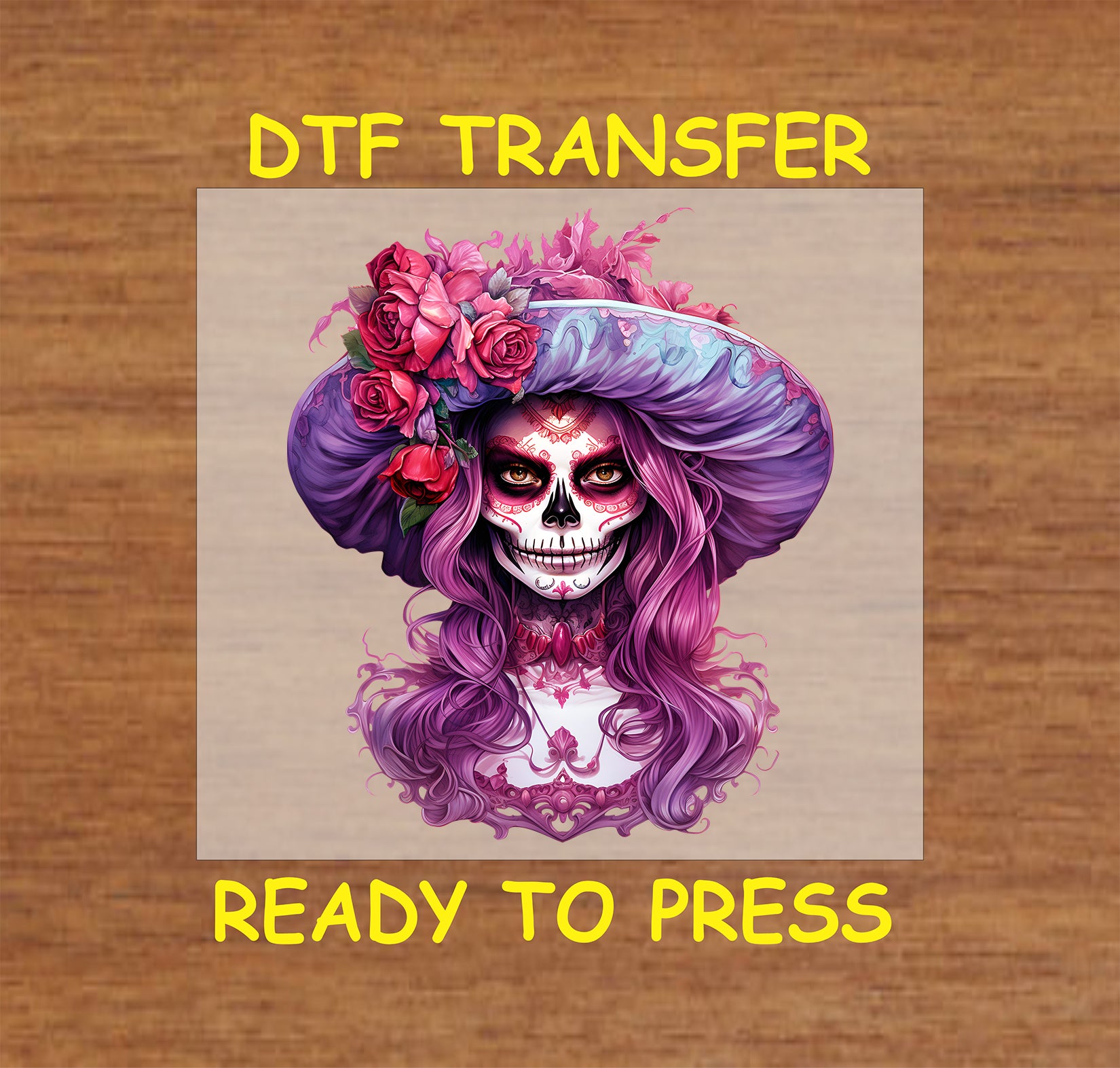 "La Catrina DTF transfer with purple hair, floral hat, and sugar skull details for Day of the Dead apparel."