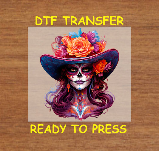 "La Catrina DTF Transfer with orange roses, sugar skull, and intricate Day of the Dead design for custom apparel."