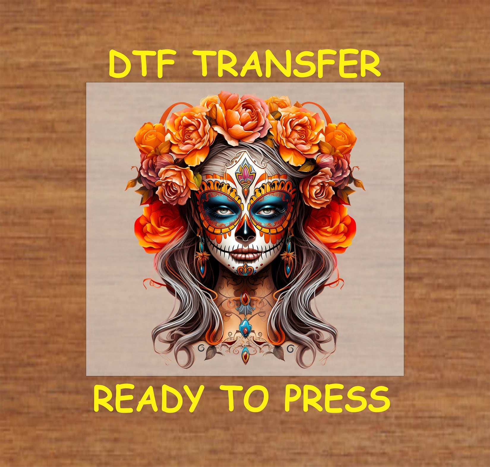 "La Catrina DTF Transfer with vibrant orange roses, intricate sugar skull patterns, and cultural Día de los Muertos design."