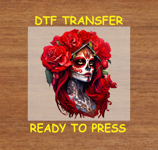 "Bold La Catrina DTF Transfer with vivid red roses, intricate sugar skull design, and Día de los Muertos cultural artwork."