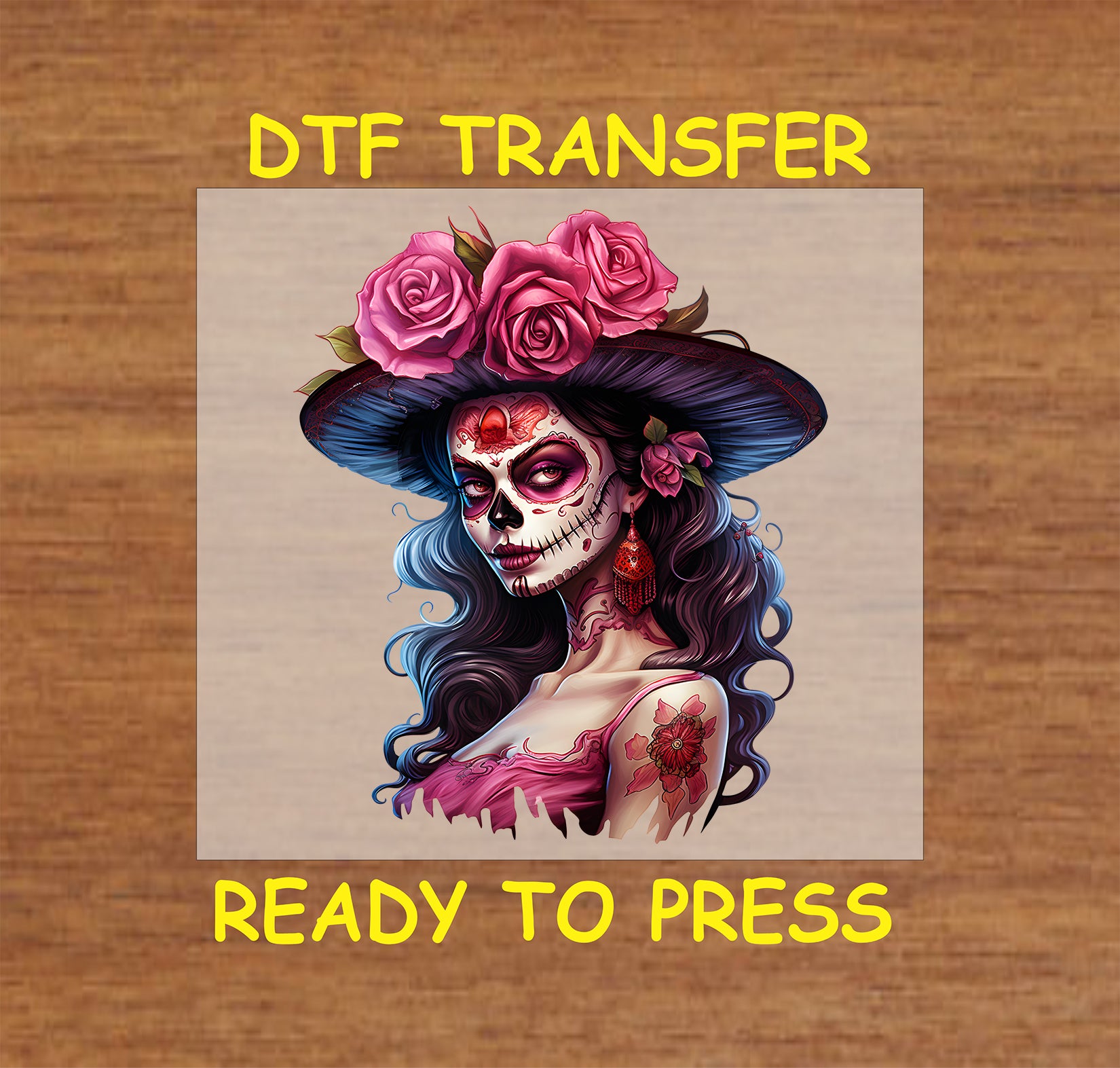 "Elegant La Catrina DTF Transfer with pink roses and sugar skull for Día de los Muertos apparel."