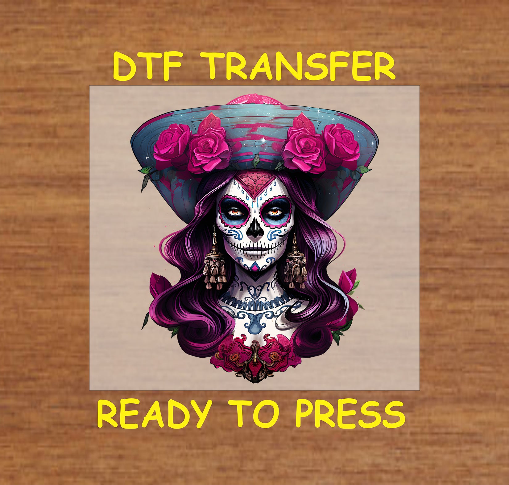 "La Catrina DTF Transfer with purple roses and a sugar skull, perfect for Día de los Muertos apparel."