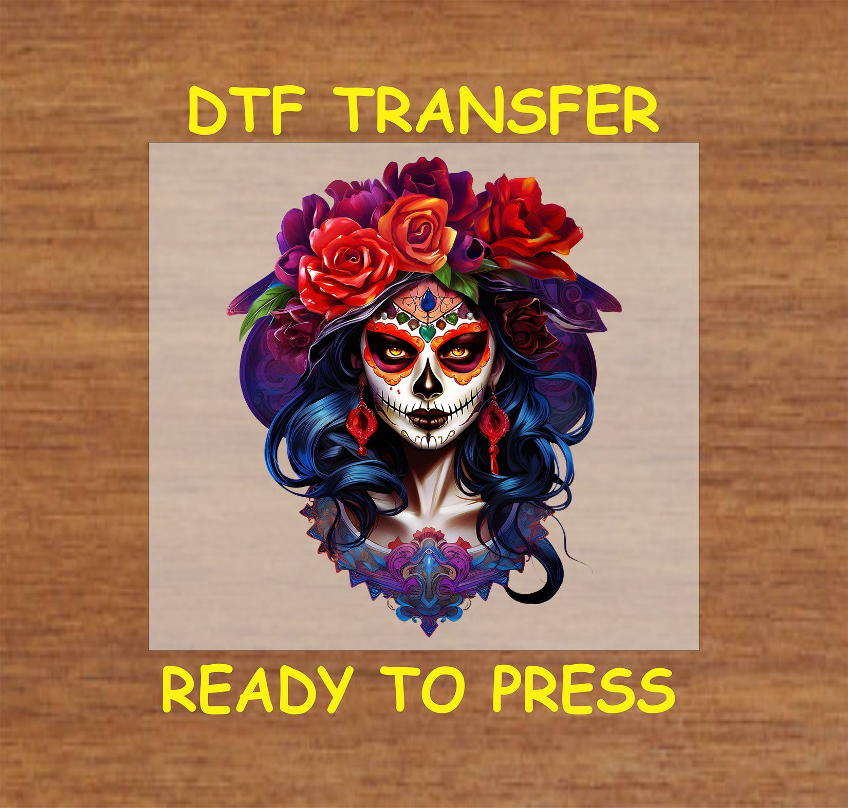 "La Catrina DTF Transfer with bold red roses and intricate sugar skull details, perfect for Día de los Muertos apparel."