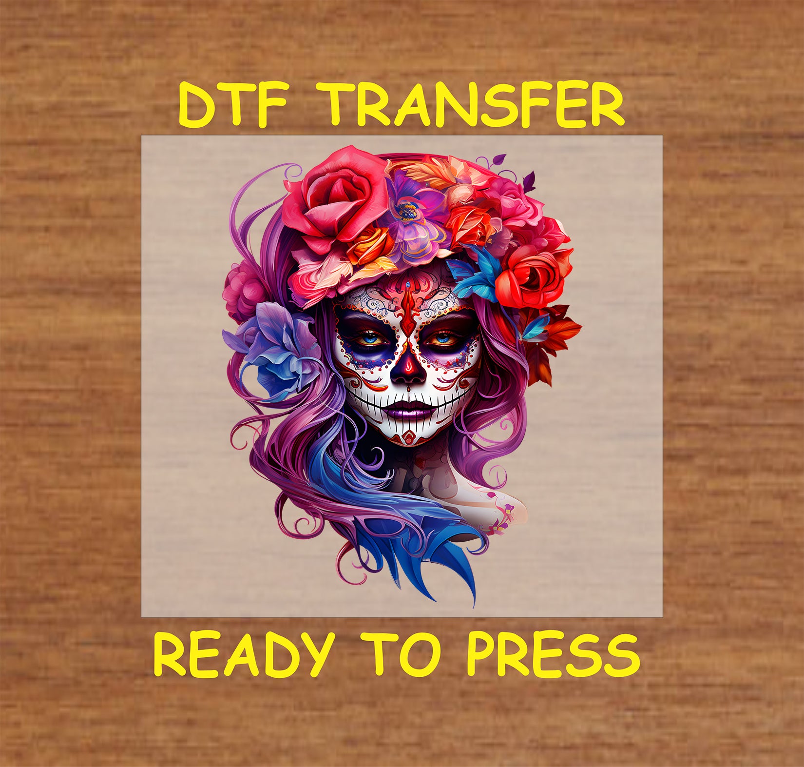 "Multicolor Floral La Catrina DTF Transfer featuring a sugar skull surrounded by vibrant roses and intricate patterns, perfect for Día de los Muertos apparel."