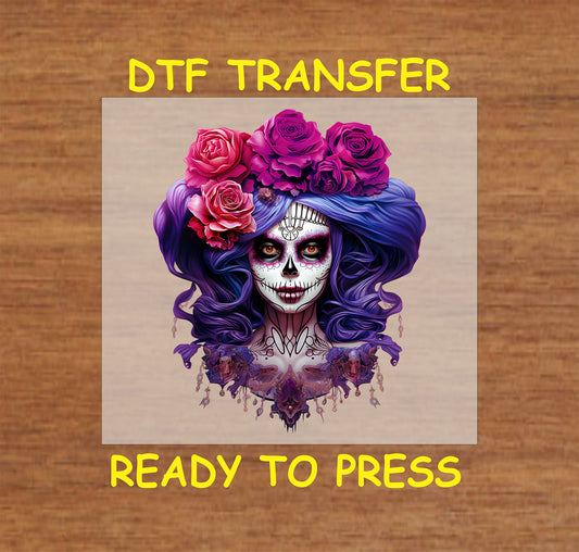 Día De Los Muertos DTF Transfer Iron On Heat Transfer - Ready to Press, La Catrina Purple Rose Design 2996