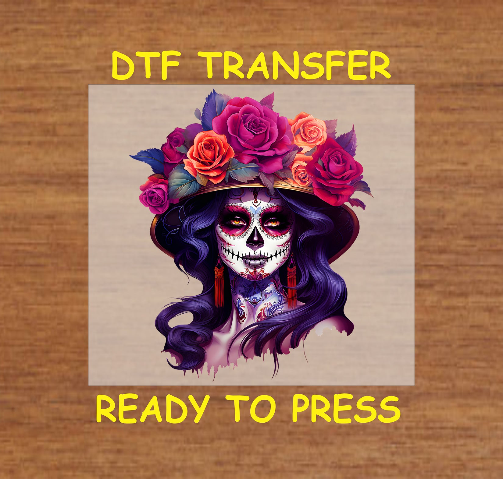 "Elegant Floral La Catrina DTF Transfer showcasing a sugar skull surrounded by vibrant roses and delicate details, ideal for Day of the Dead crafts and apparel."