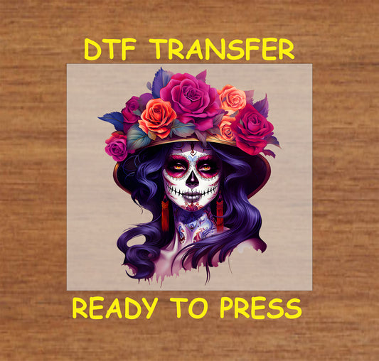 "Elegant Floral La Catrina DTF Transfer showcasing a sugar skull surrounded by vibrant roses and delicate details, ideal for Day of the Dead crafts and apparel."