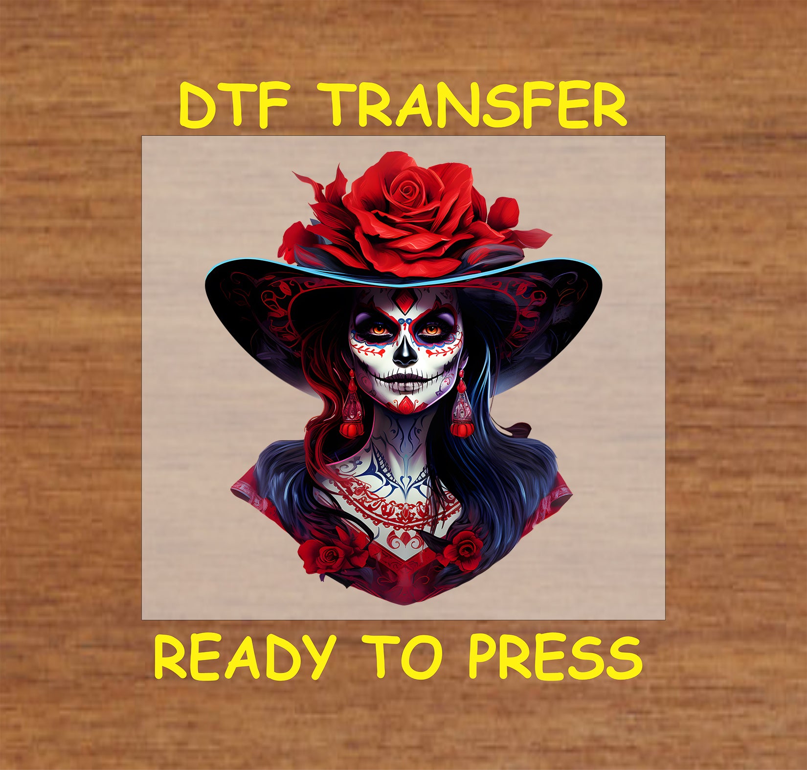 "Bold Red Rose La Catrina DTF Transfer featuring a sugar skull with intricate red roses and traditional Mexican artwork, perfect for Día de los Muertos crafts."