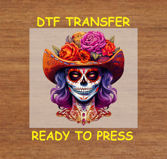 "Vivid Cowboy Hat La Catrina DTF Transfer showcasing a sugar skull design with floral embellishments and a colorful cowboy hat, perfect for Día de los Muertos celebrations."