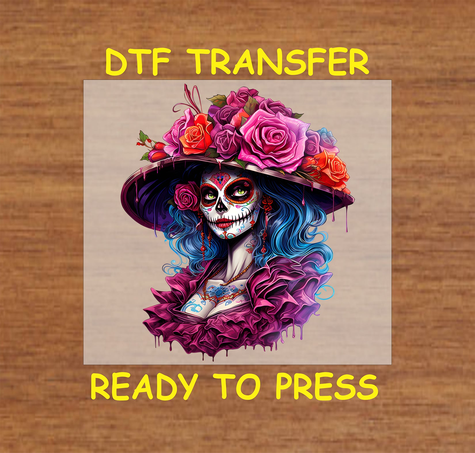 "Radiant Floral La Catrina DTF Transfer featuring a sugar skull adorned with colorful flowers and a ruffled outfit, ideal for Día de los Muertos."