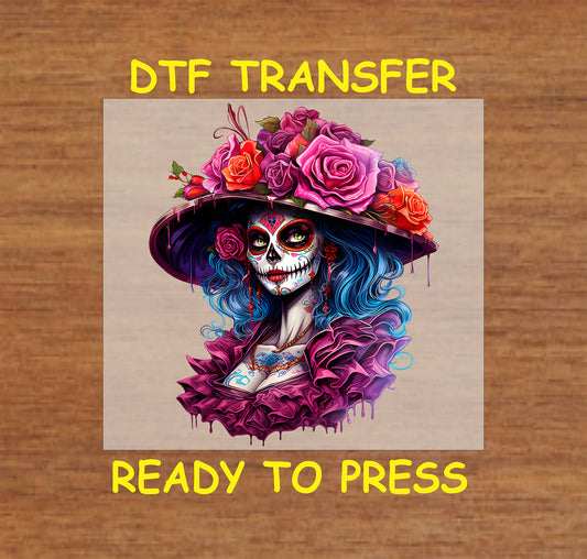 "Radiant Floral La Catrina DTF Transfer featuring a sugar skull adorned with colorful flowers and a ruffled outfit, ideal for Día de los Muertos."