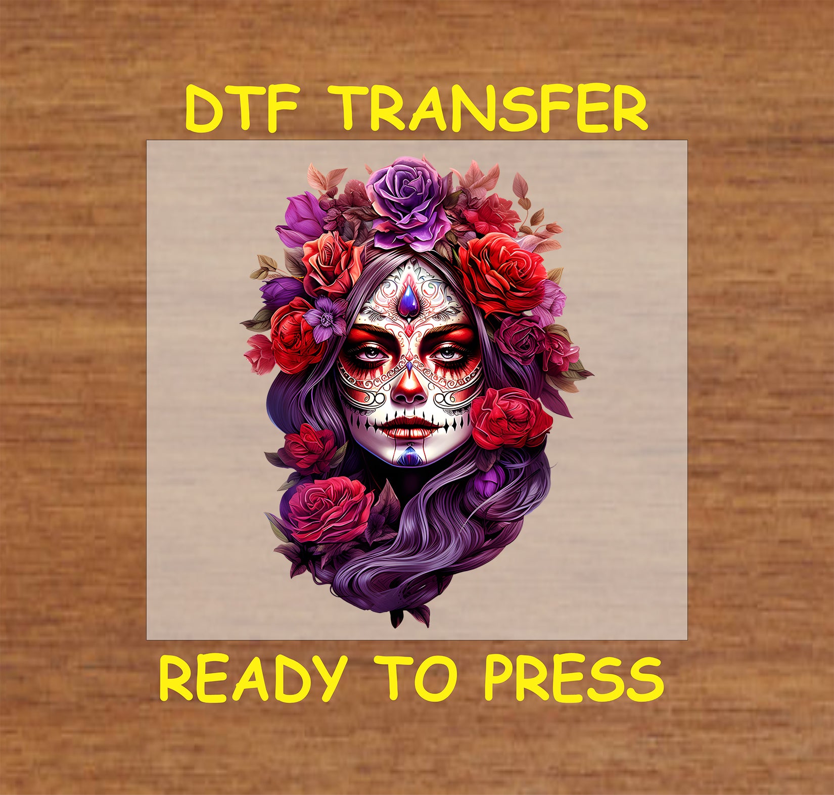 "Elegant Rose La Catrina DTF Transfer featuring a sugar skull surrounded by vibrant roses, perfect for Día de los Muertos."