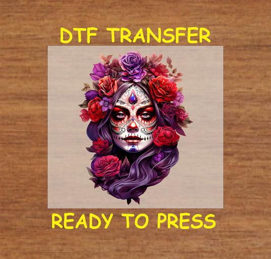 "Elegant Rose La Catrina DTF Transfer featuring a sugar skull surrounded by vibrant roses, perfect for Día de los Muertos."