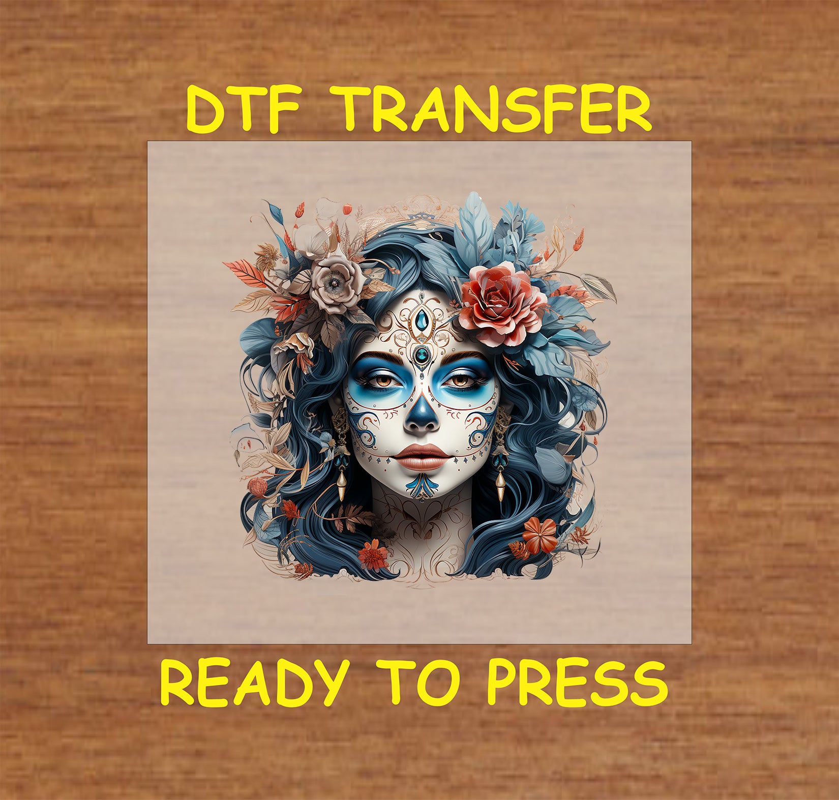 "Elegant Blue La Catrina DTF Transfer with sugar skull, blue makeup, and floral crown for Día de los Muertos."