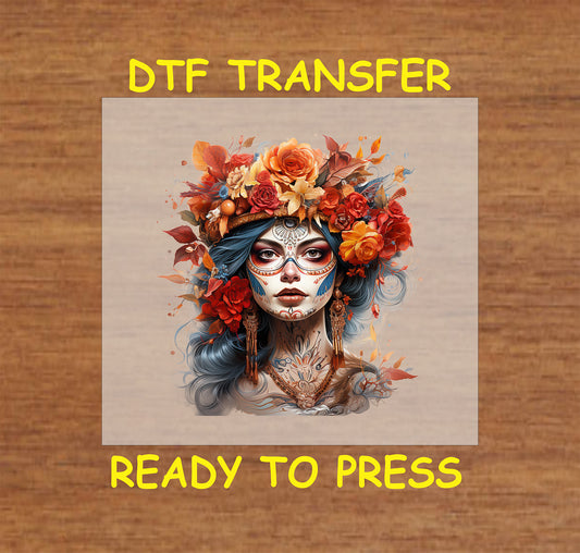"Vibrant Floral La Catrina DTF Transfer with a sugar skull and colorful flowers for Día de los Muertos."