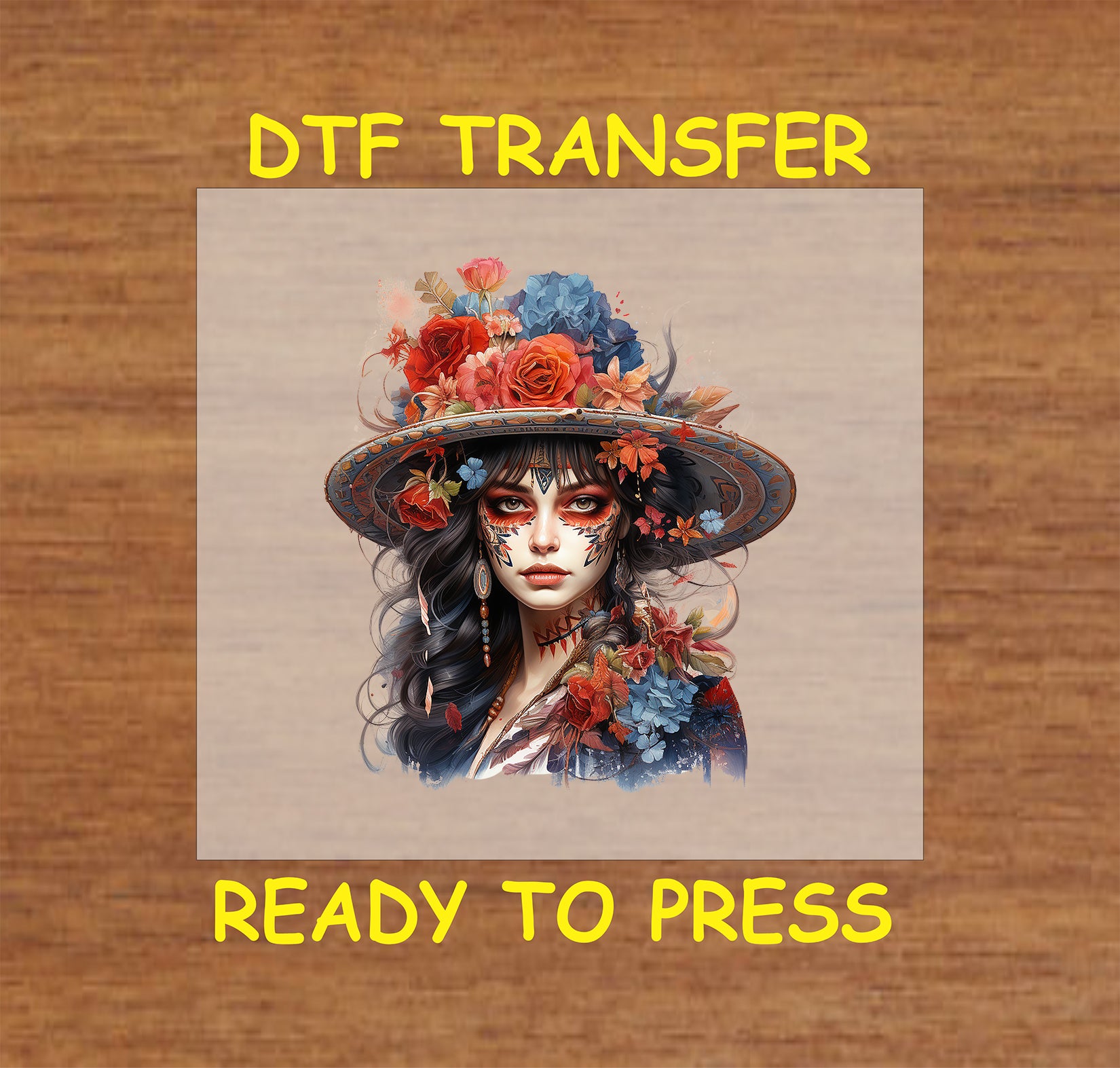"Elegant La Catrina DTF Transfer with floral hat and sugar skull face art for Día de los Muertos."