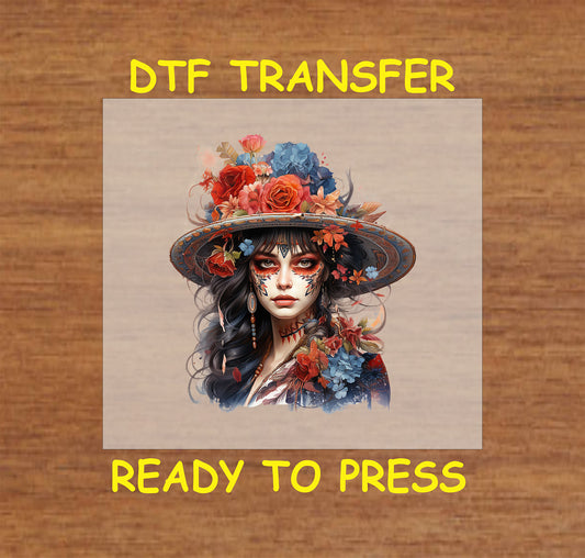 "Elegant La Catrina DTF Transfer with floral hat and sugar skull face art for Día de los Muertos."