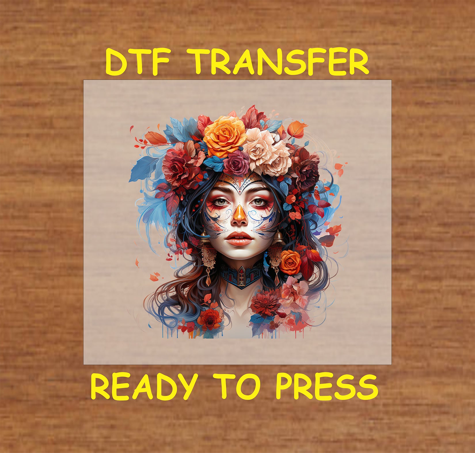 "La Catrina DTF Transfer with vibrant sugar skull design and autumn floral elements for Día de los Muertos clothing."