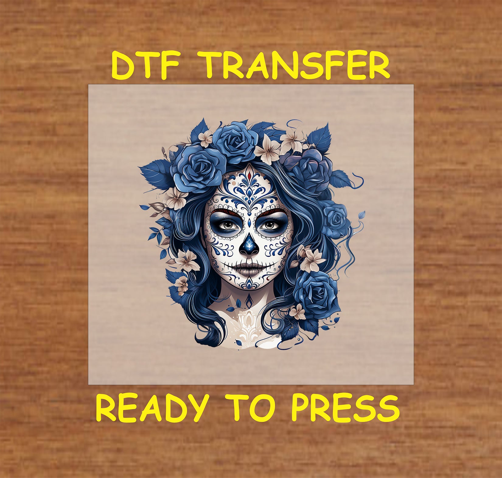 "Blue La Catrina DTF Transfer with sugar skull design and delicate blue roses for Día de los Muertos clothing."