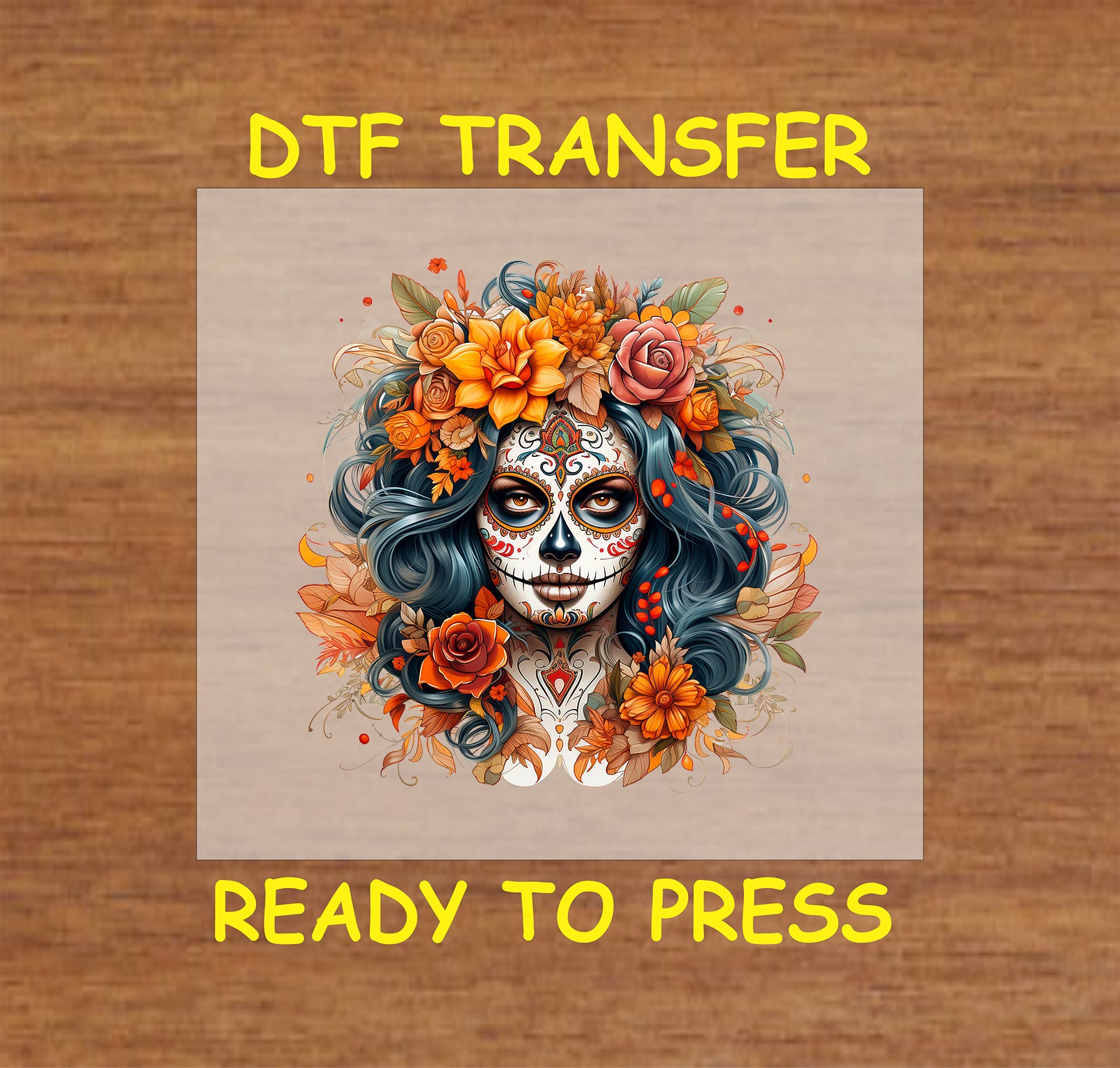 "Orange La Catrina DTF Transfer featuring a sugar skull with vibrant floral accents for Día de los Muertos."