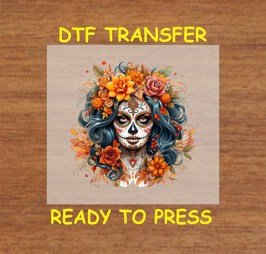 "Orange La Catrina DTF Transfer featuring a sugar skull with vibrant floral accents for Día de los Muertos."