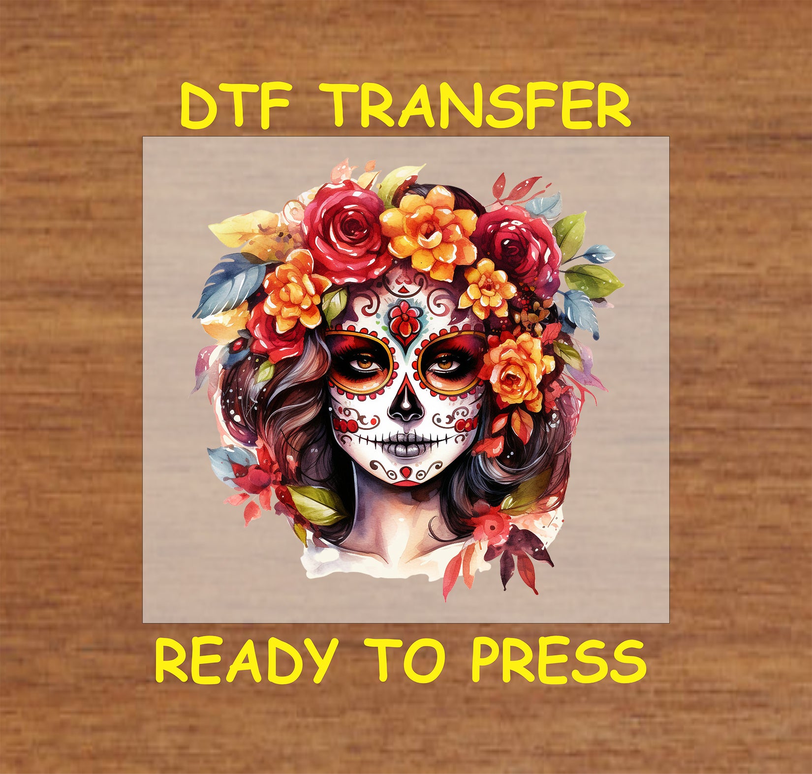 "Bold La Catrina DTF Transfer featuring a sugar skull with red and yellow floral details for Día de los Muertos."