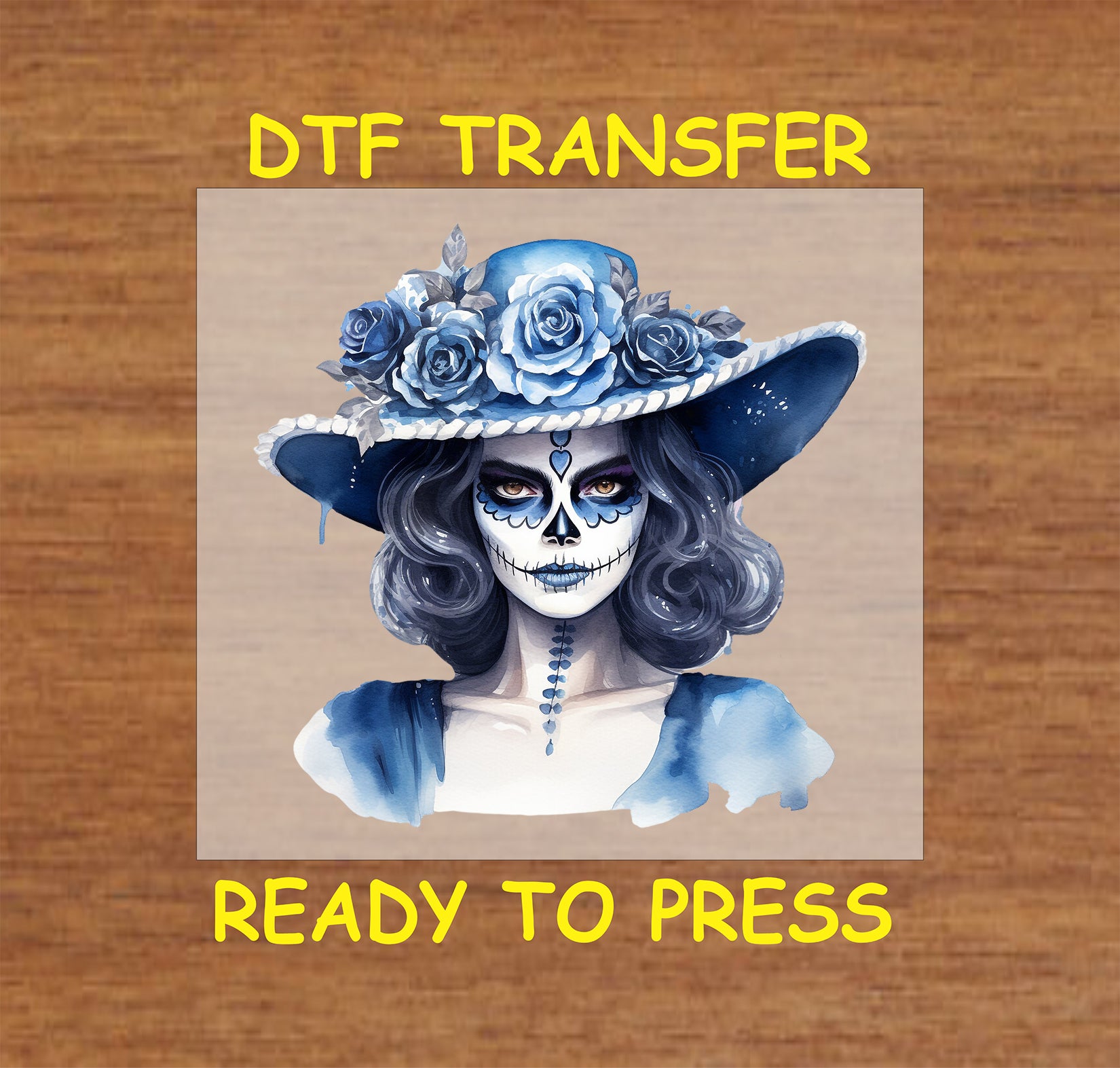 "Serene Blue La Catrina DTF Transfer with a floral hat, ideal for Day of the Dead cultural designs."