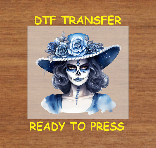 "Serene Blue La Catrina DTF Transfer with a floral hat, ideal for Day of the Dead cultural designs."