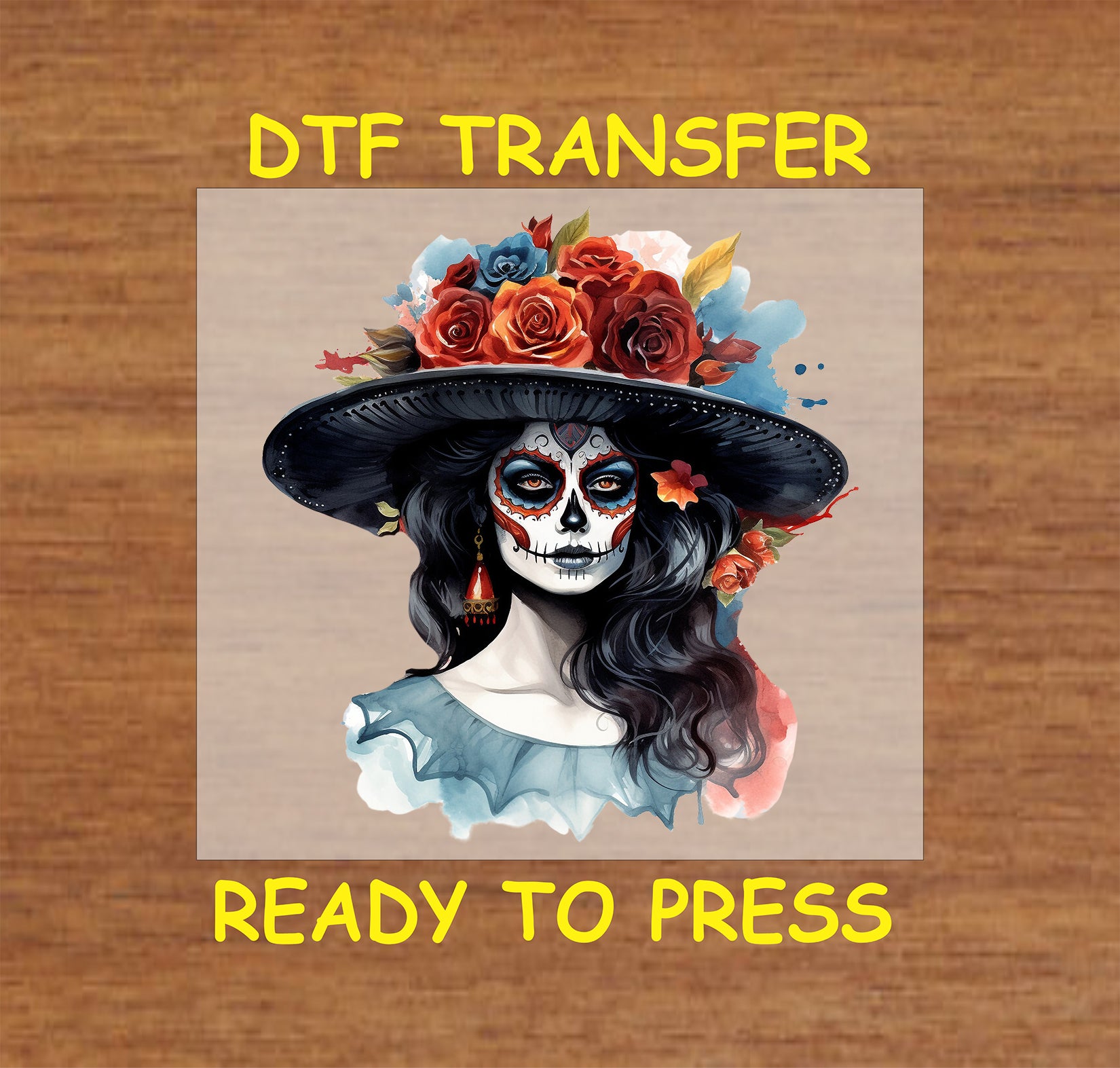 "Elegant La Catrina DTF Transfer with a floral black hat, perfect for Day of the Dead crafts and apparel."