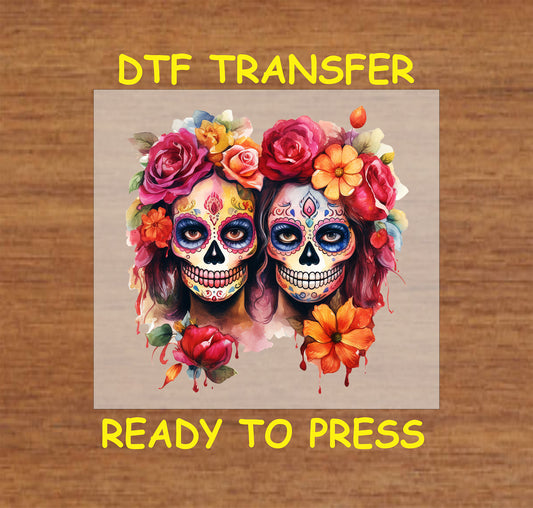 "Double La Catrina sugar skull DTF transfer with vibrant flowers for Day of the Dead celebrations."