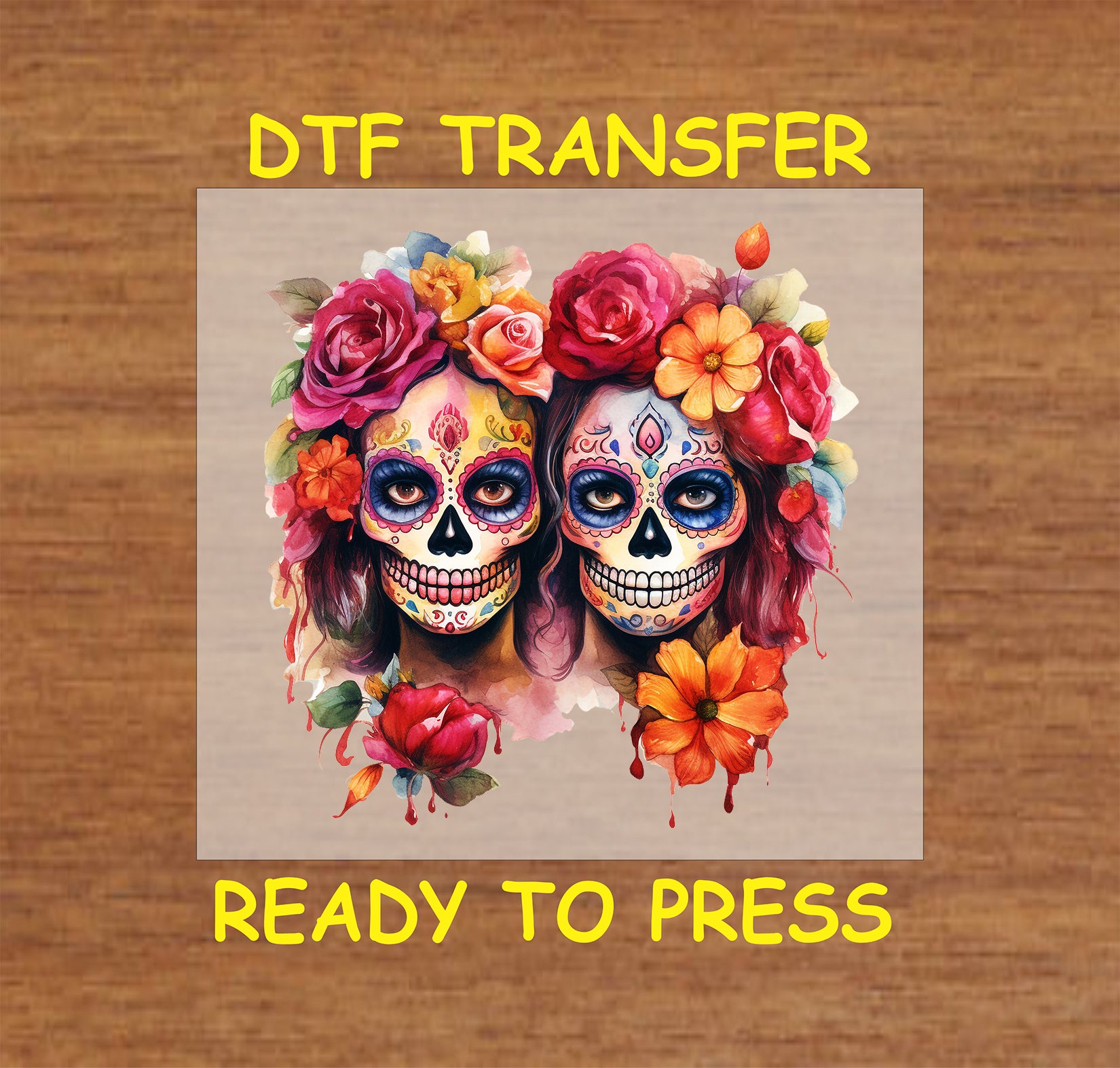 "Double La Catrina sugar skull DTF transfer with vibrant flowers for Day of the Dead celebrations."