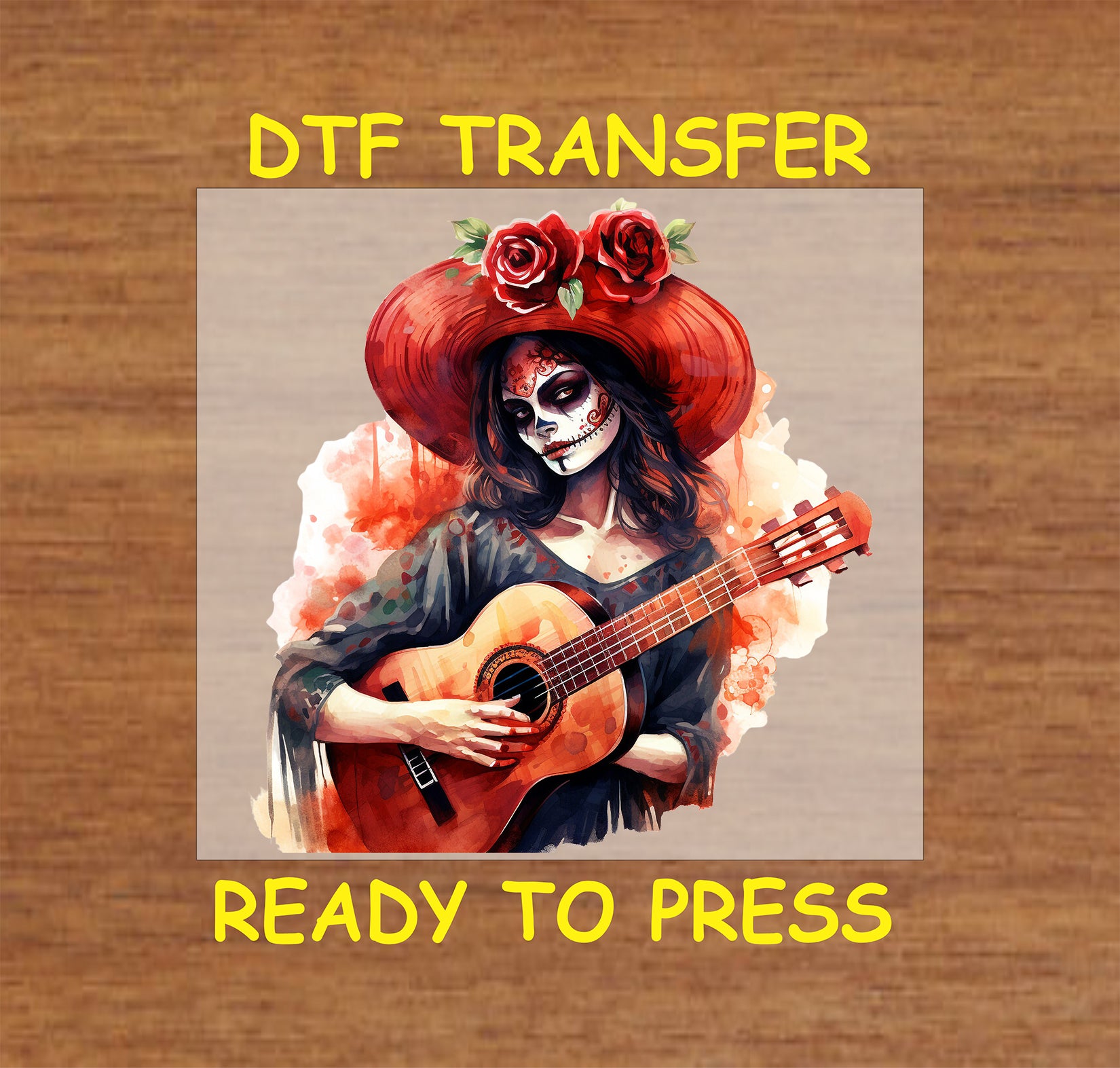 "La Catrina with Guitar DTF transfer featuring a traditional Mexican Day of the Dead musician design with vibrant red roses."