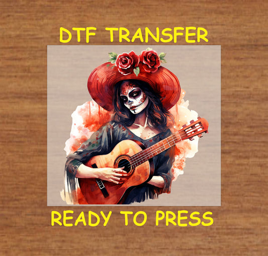 "La Catrina with Guitar DTF transfer featuring a traditional Mexican Day of the Dead musician design with vibrant red roses."
