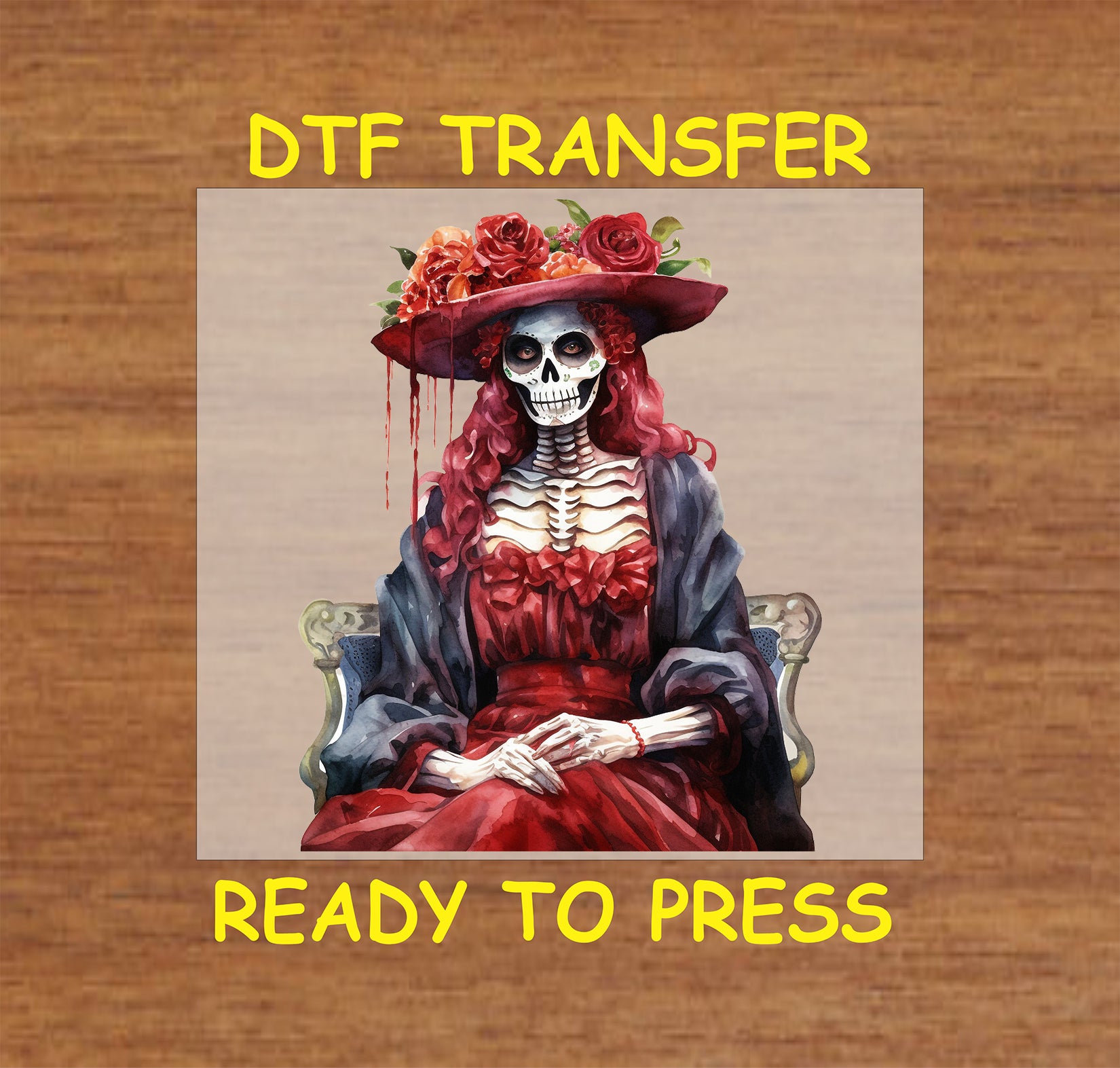 "La Catrina seated DTF transfer featuring a traditional Día de los Muertos design with a red dress and floral hat."