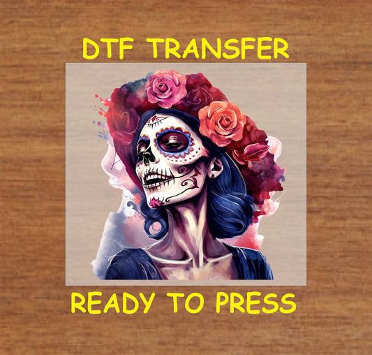 "Vibrant portrait of La Catrina DTF transfer featuring floral accents and intricate face paint."