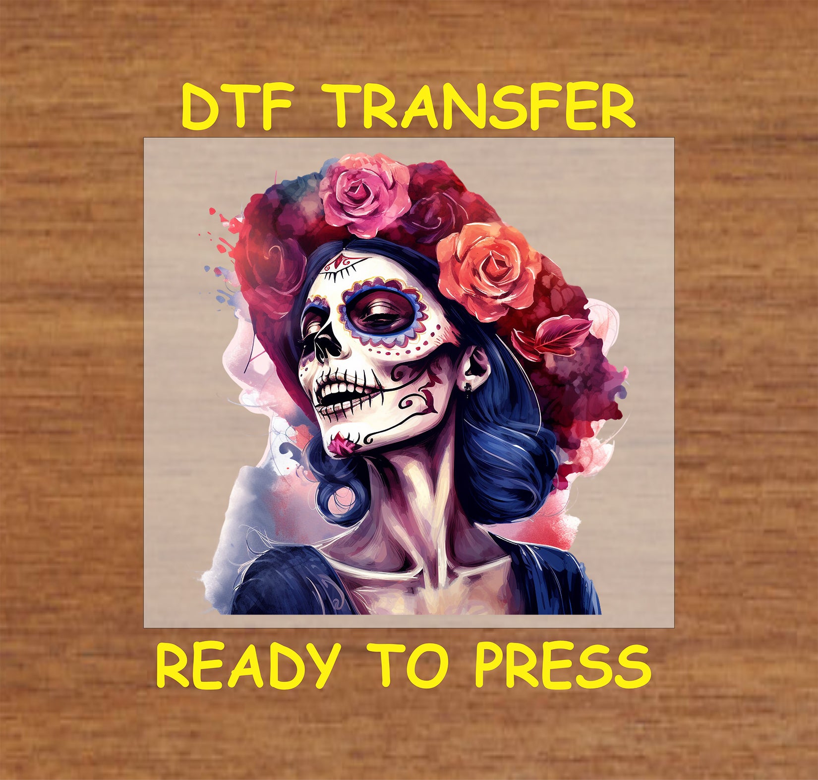 "Vibrant portrait of La Catrina DTF transfer featuring floral accents and intricate face paint."