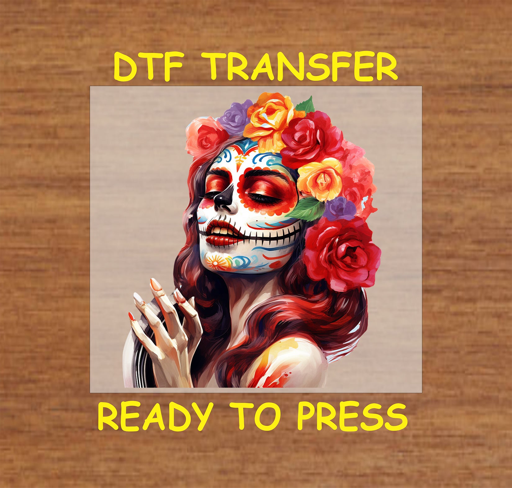 "Exquisite La Catrina Reverie DTF transfer with vibrant face paint and blooming roses, perfect for Day of the Dead celebrations."