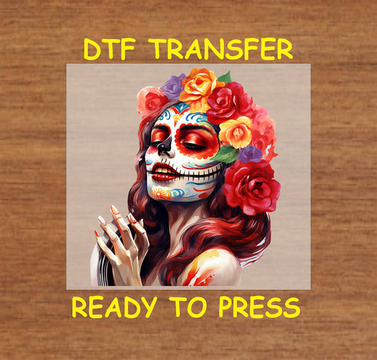 "Exquisite La Catrina Reverie DTF transfer with vibrant face paint and blooming roses, perfect for Day of the Dead celebrations."