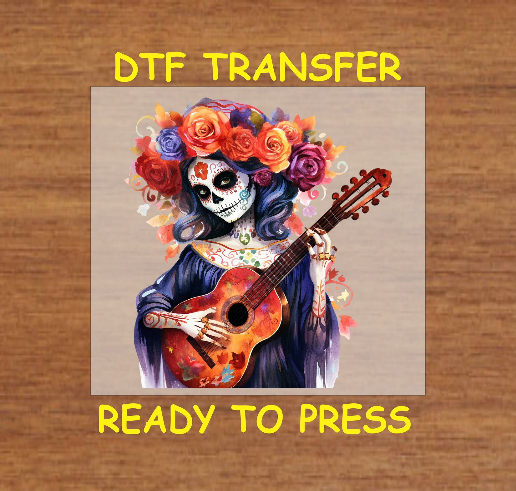 "La Catrina serenading with a colorful guitar, surrounded by vibrant flowers. DTF transfer for Día de los Muertos apparel and crafts."