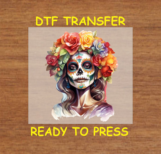 "La Catrina with a colorful floral crown, celebrating Día de los Muertos. Ready-to-press DTF transfer for custom apparel and crafts."