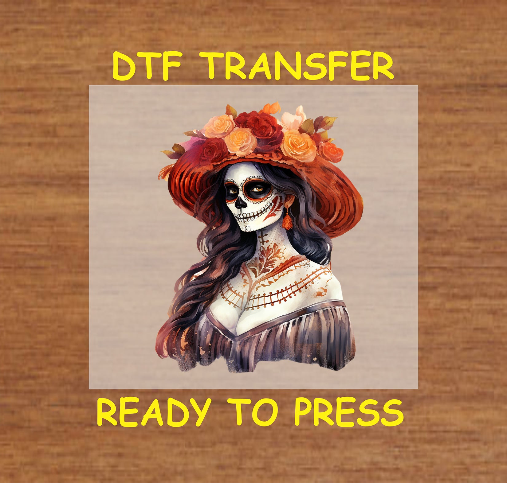 Elegant Catrina DTF transfer with a floral orange hat, intricate face paint, and cultural design.