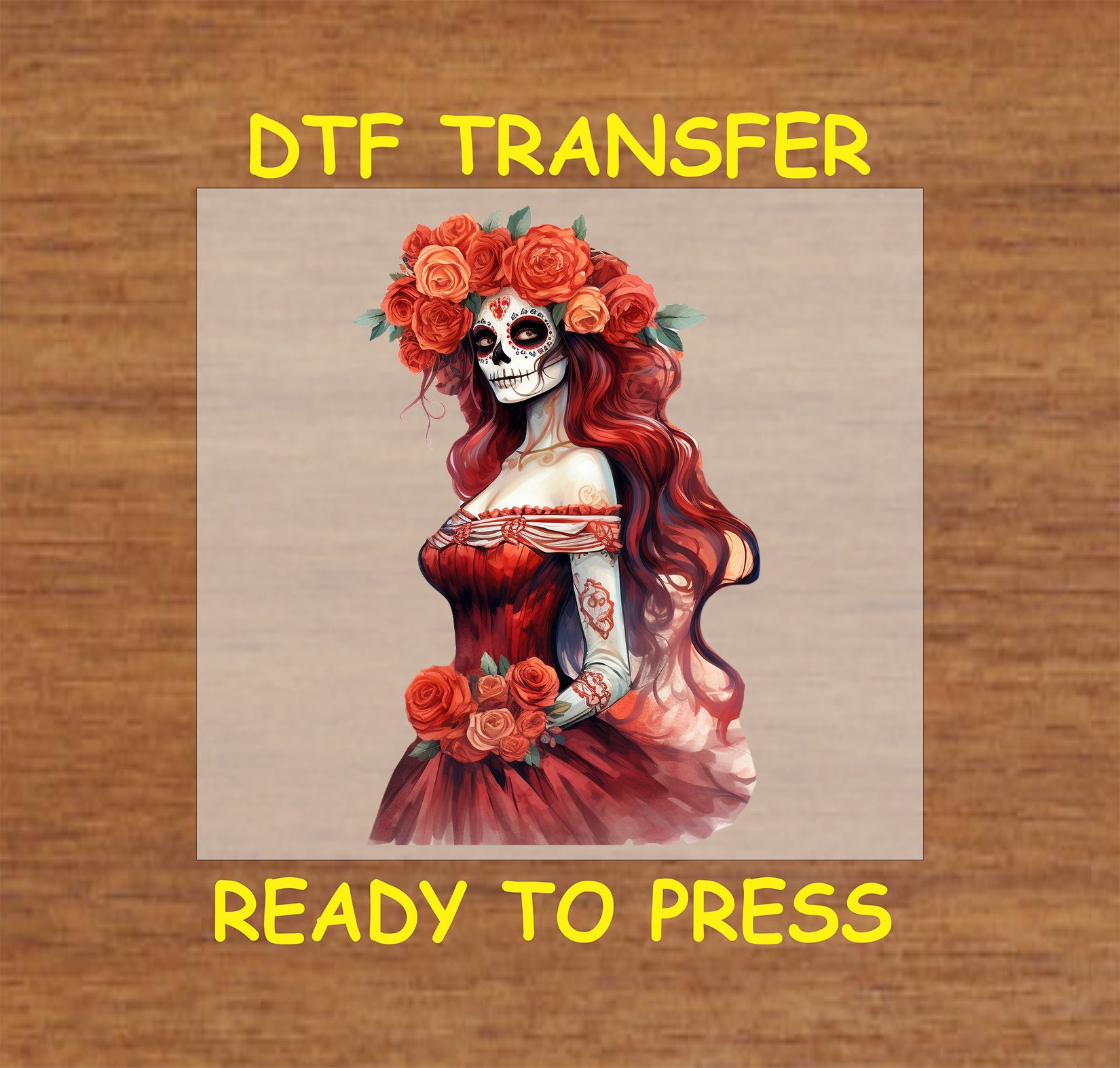 Red Rose Catrina DTF transfer featuring a vibrant design with intricate face paint, floral headpiece, and a red dress.