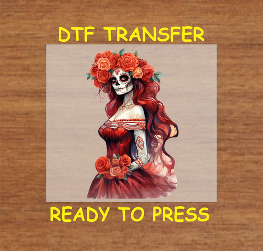 Red Rose Catrina DTF transfer featuring a vibrant design with intricate face paint, floral headpiece, and a red dress.