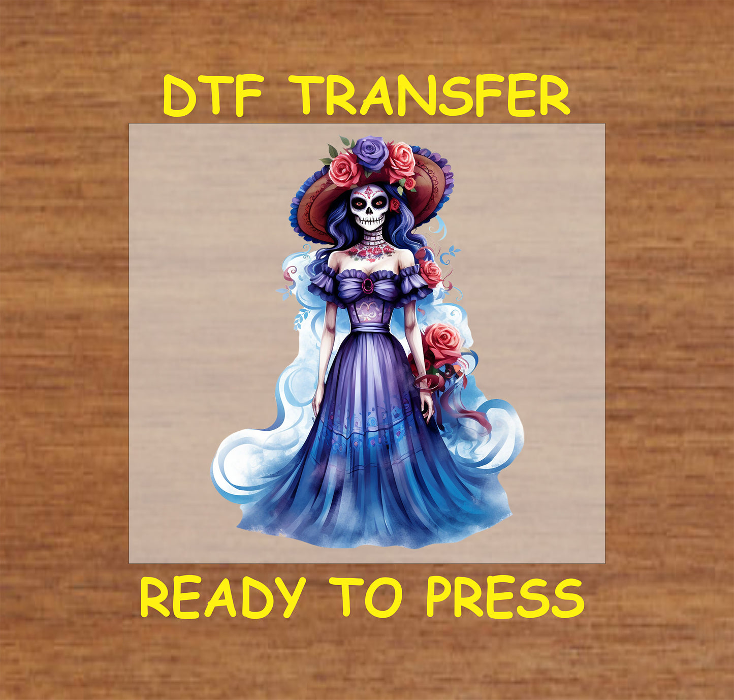 Blue Elegance Catrina DTF transfer featuring a flowing blue dress, floral headpiece, and intricate face paint.