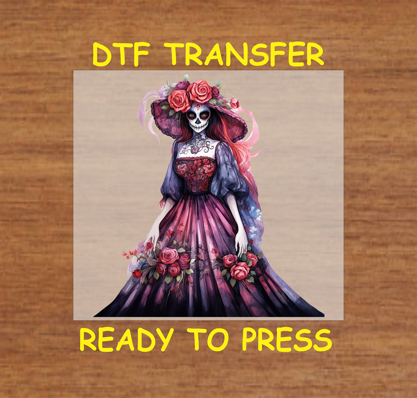 Floral Grace Catrina DTF transfer with a flowing purple-pink dress, rose-adorned hat, and intricate details.