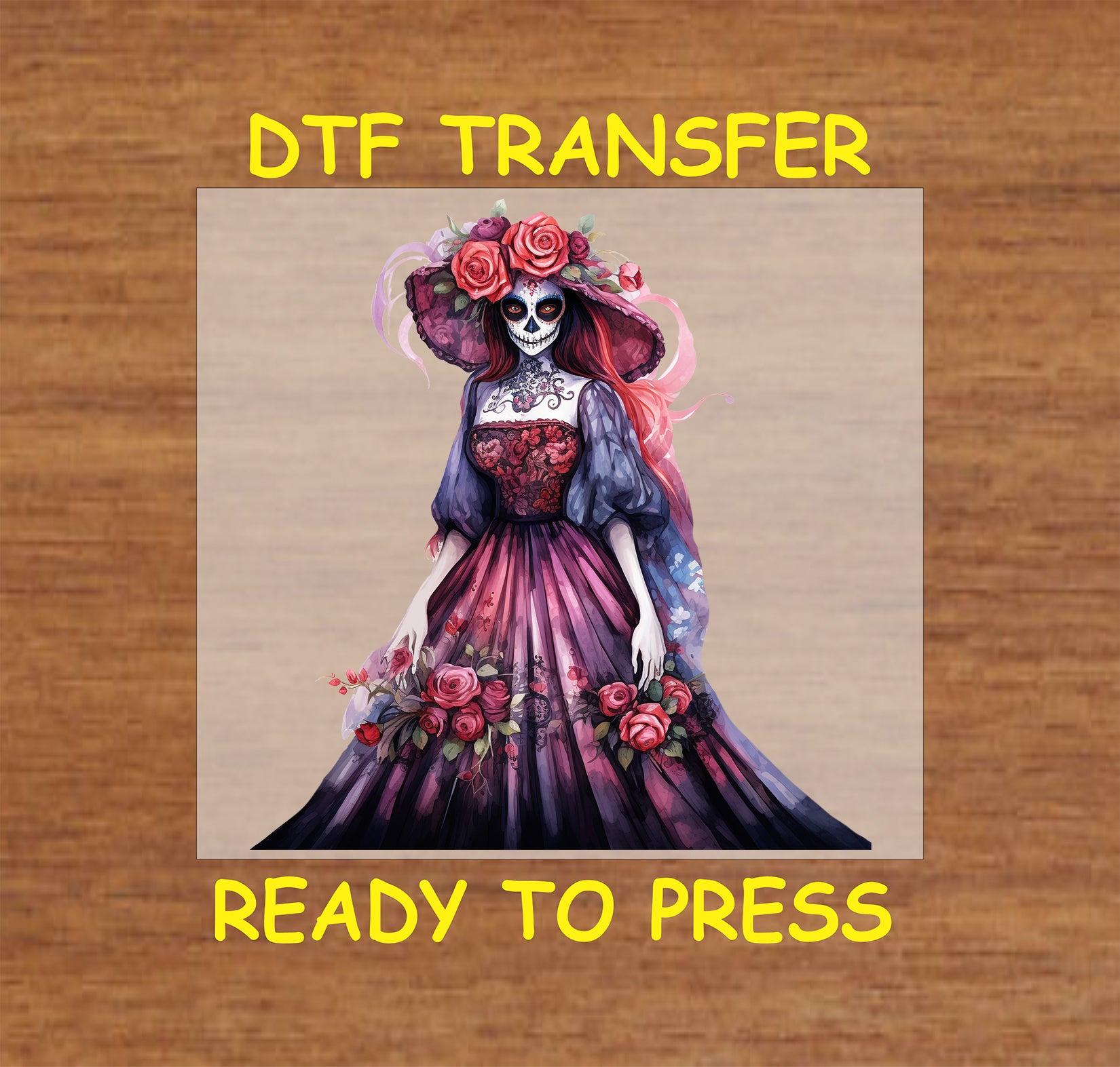 Floral Grace Catrina DTF transfer with a flowing purple-pink dress, rose-adorned hat, and intricate details.