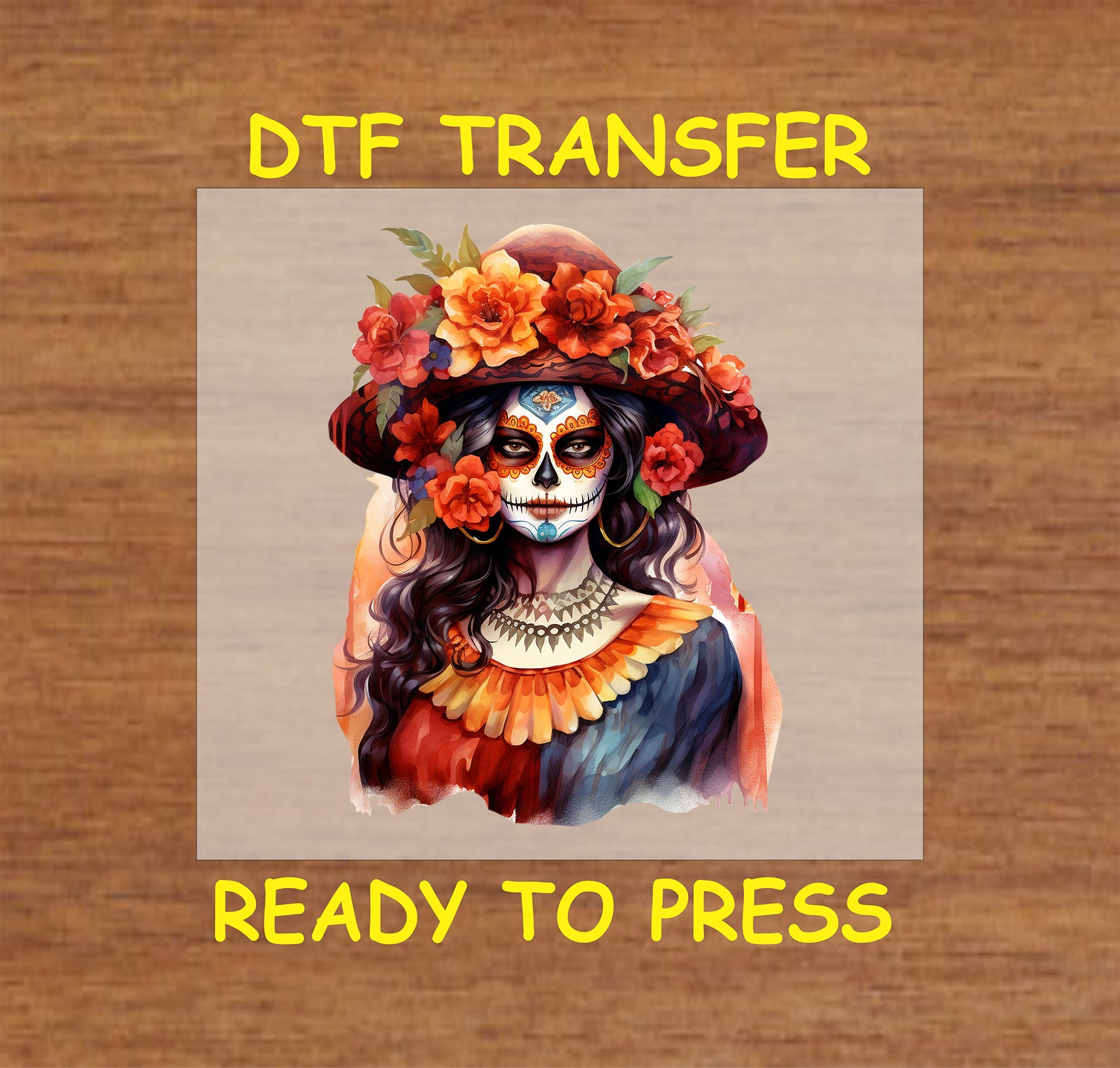Vibrant Catrina DTF transfer with floral headpiece, colorful details, and Día de los Muertos-inspired design.