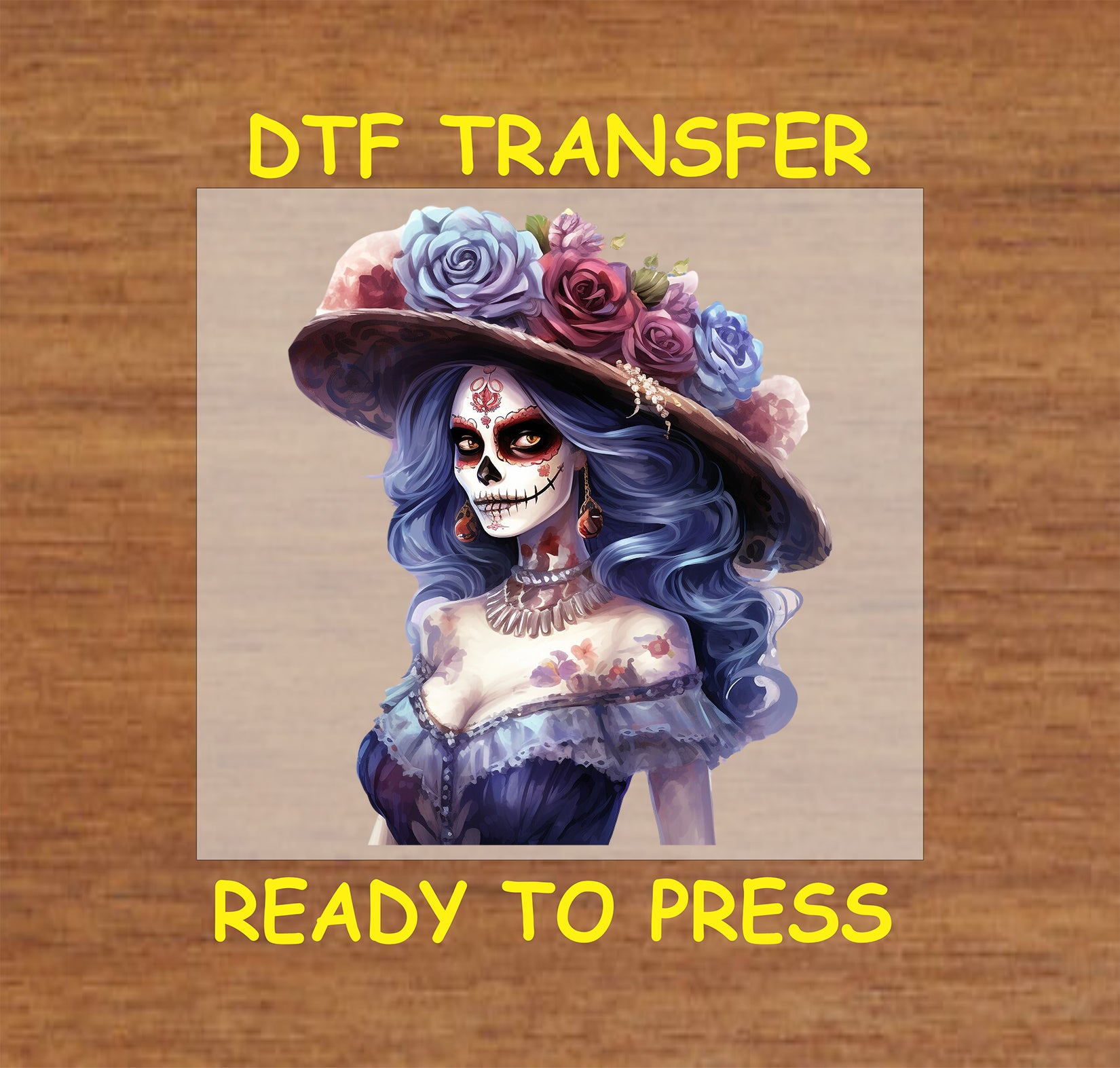 Blue Elegance Catrina DTF transfer with floral hat, intricate face paint, and Día de los Muertos-inspired design.